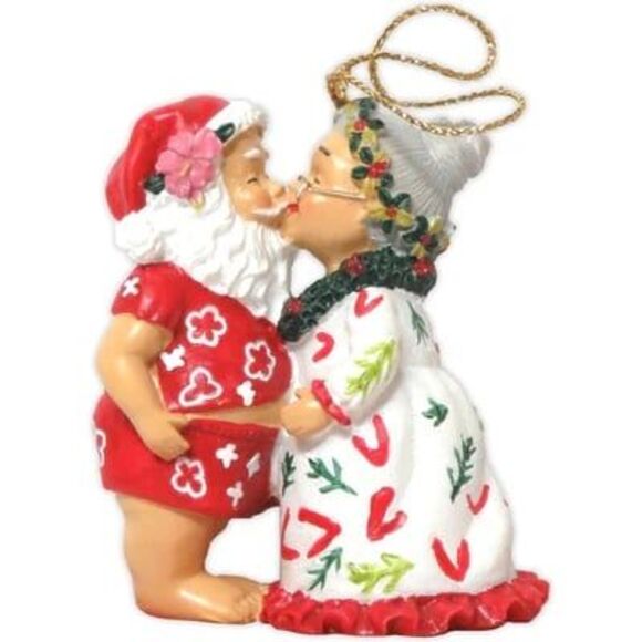 Island Heritage Hawaiian Designer Hand Painted Kissing Santa Christmas Ornament - Picture 1 of 4